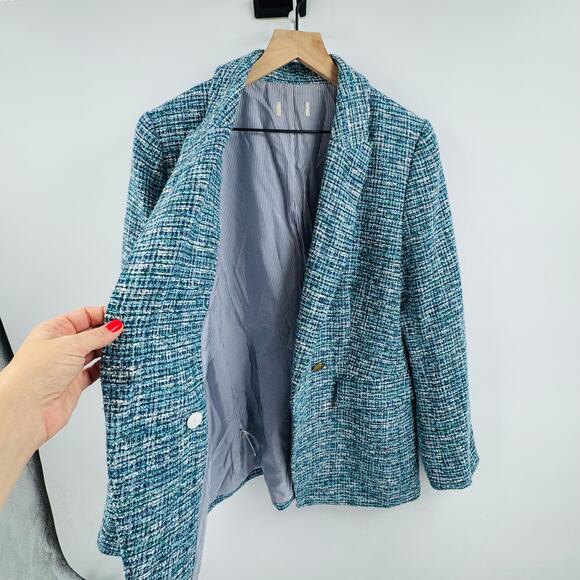 LOFT Blue Tweed Double Breasted Blazer Gold Button Textured Jacket (Est. L) - Picture 7 of 9